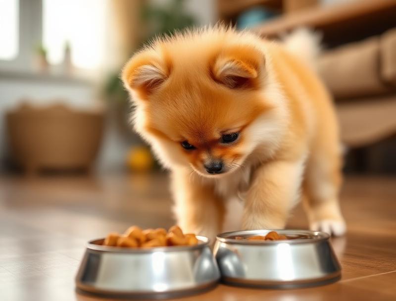 Cachorro olhando para tigela de ração