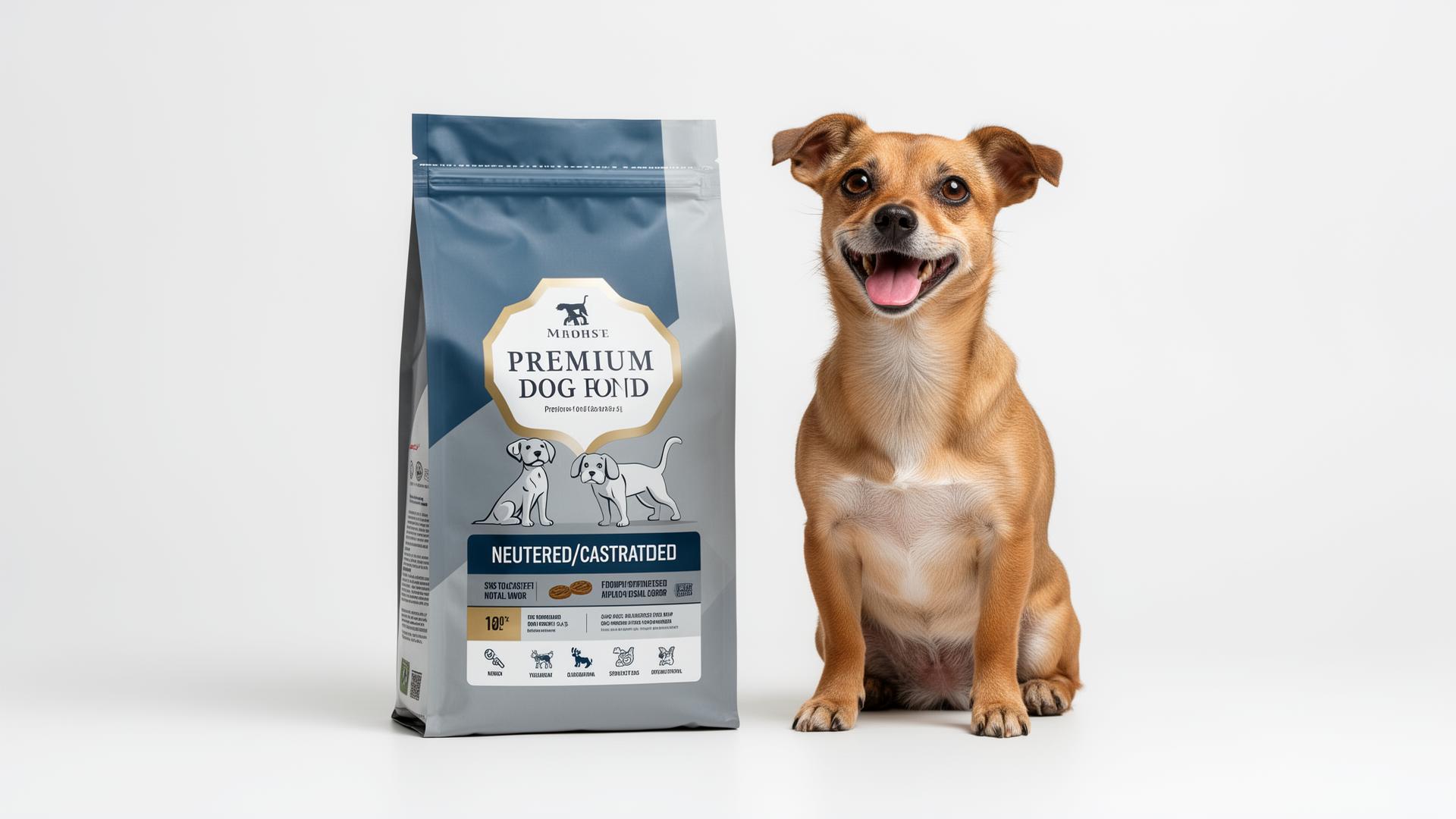 Cachorro saudável ao lado de ração para cães castrados