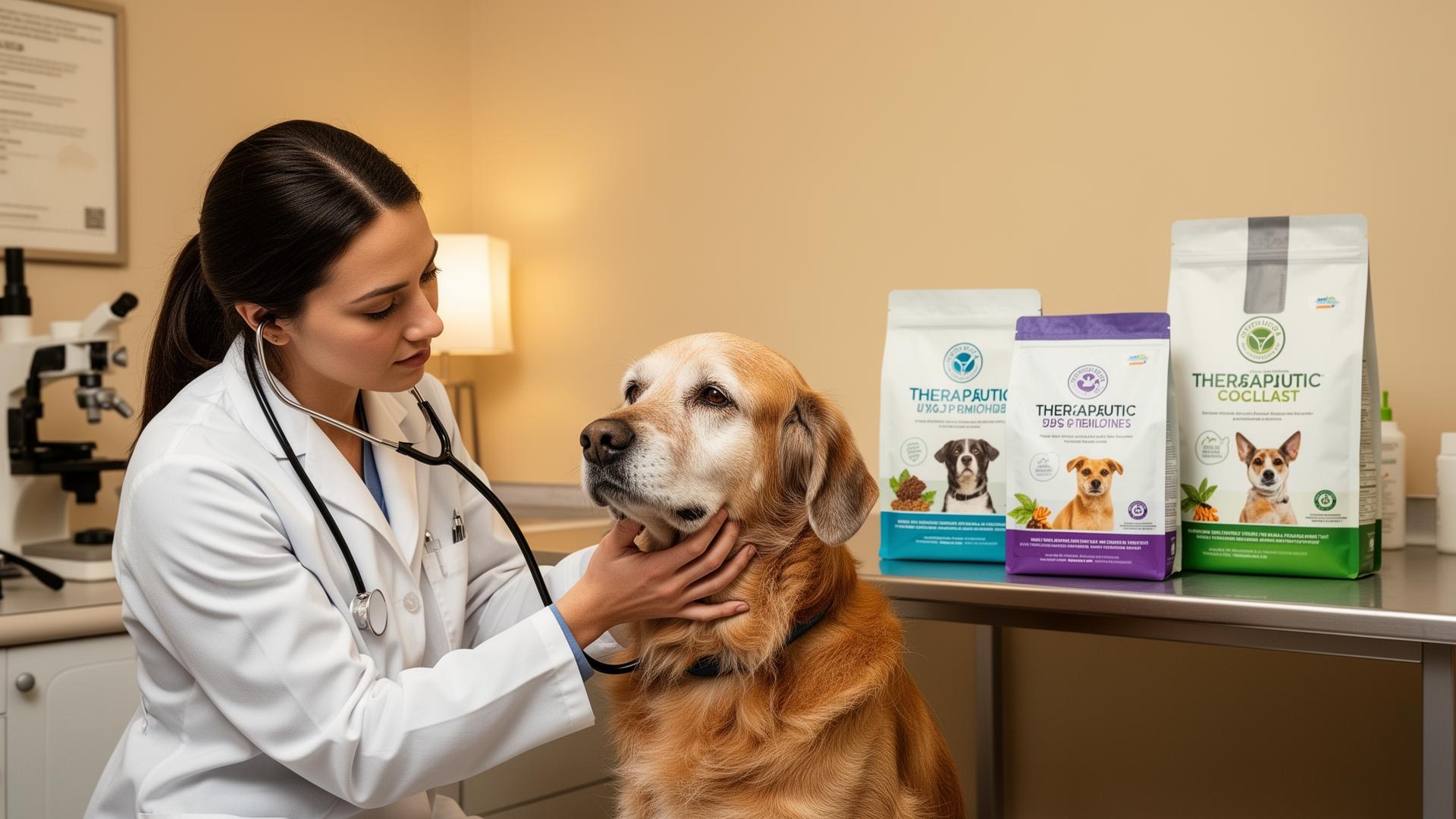 Veterinária examinando cachorro com rações terapêuticas ao fundo